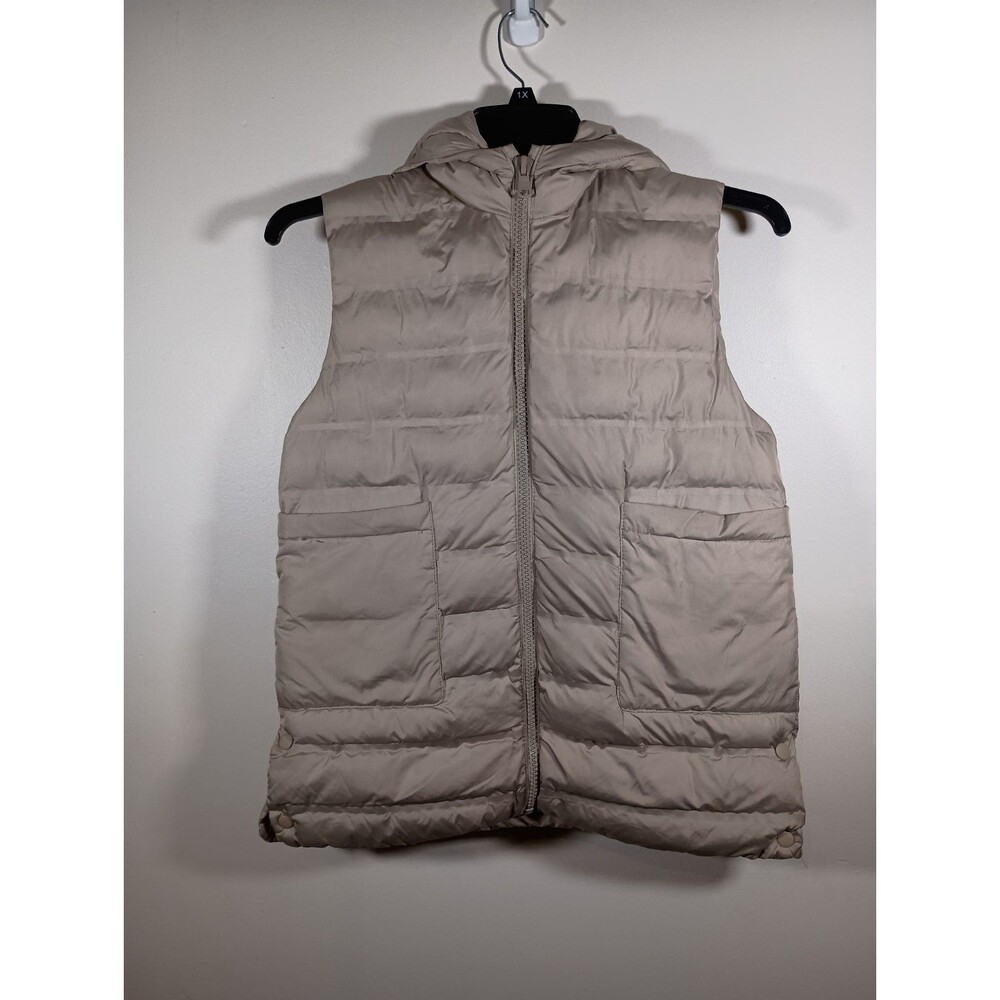 ZARA Tan Hooded Puffer Vest Jacket Full Zip Lined Pockets Women’s Size 11 12
